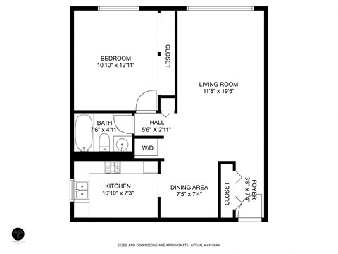 Floor plan for 1 bed, 1 bath, 610 sqft